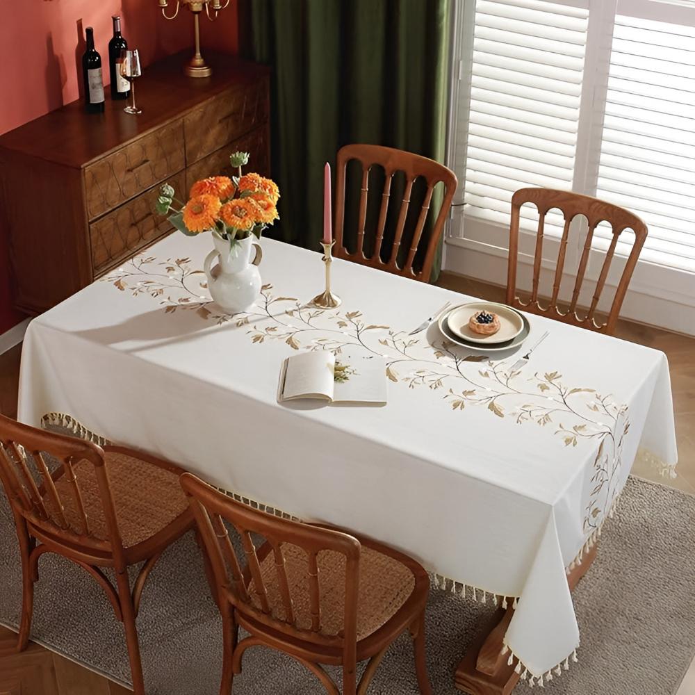 Floral Embroidered Cotton Linen Tassel Tablecloth – image 5