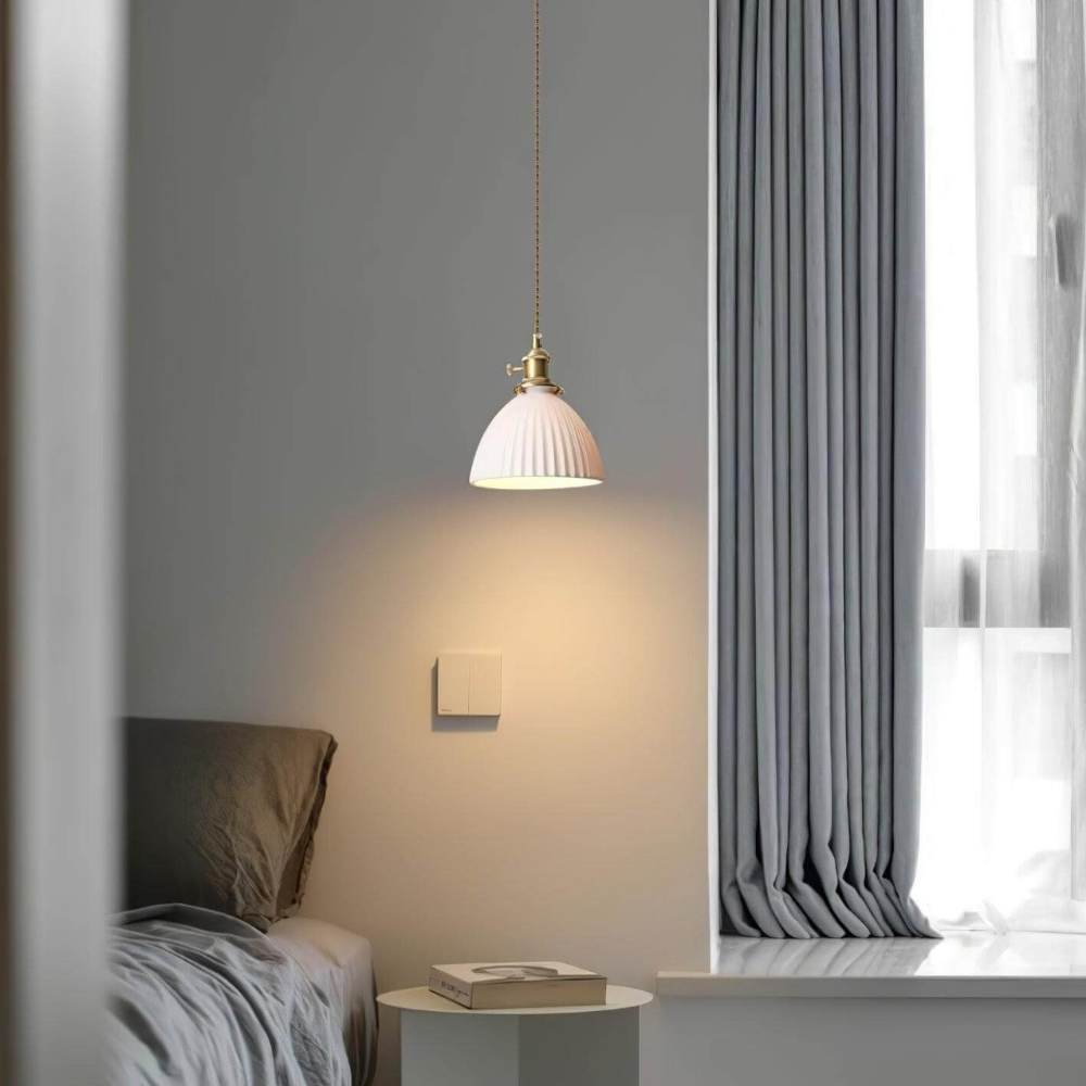 White Ribbed Ceramic Dome Pendant Light - view 5