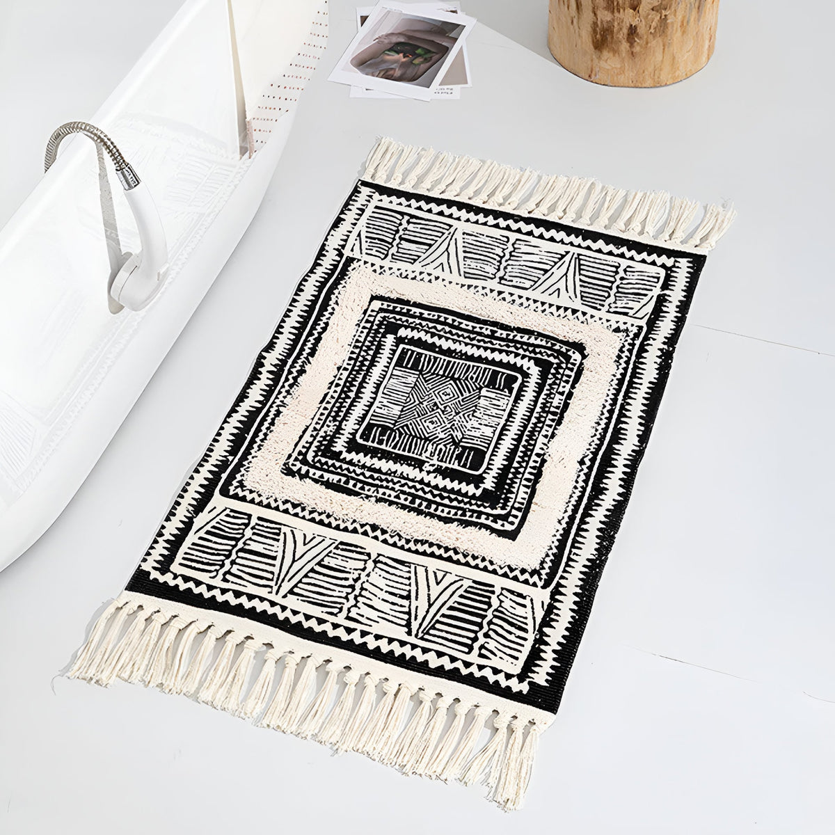 Black and White Geometric Tassel Rug – image 3