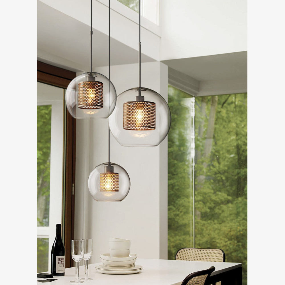 Glass and Perforated Metal Pendant Light, Industrial Style - view 10