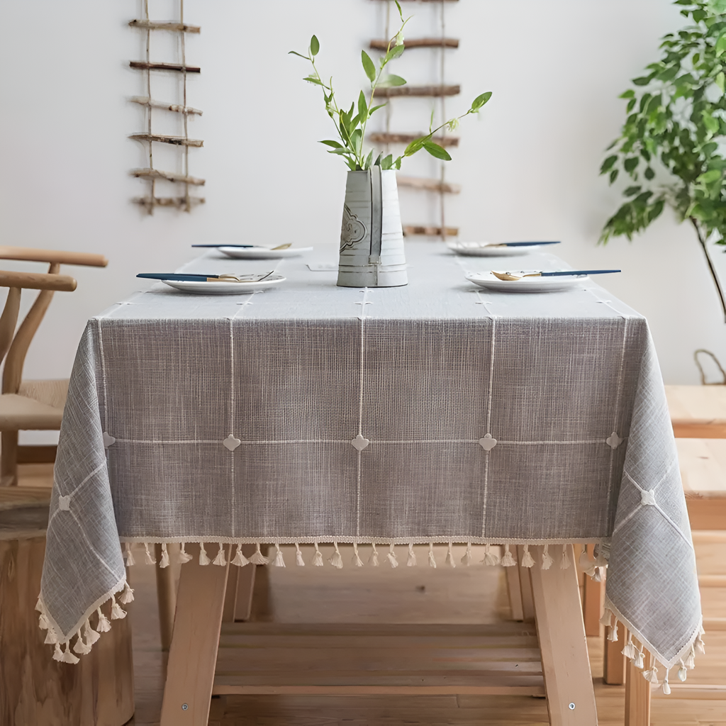 Grey Checked Cotton Linen Tassel Tablecloth – image 3