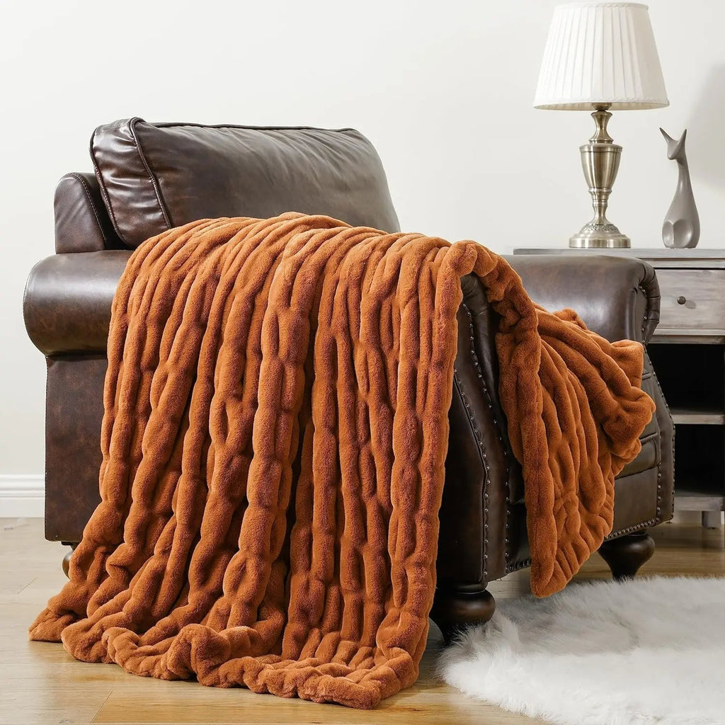 Ruched Faux Rabbit Fur Throw Blanket, Double-Sided Soft Texture — product view 9