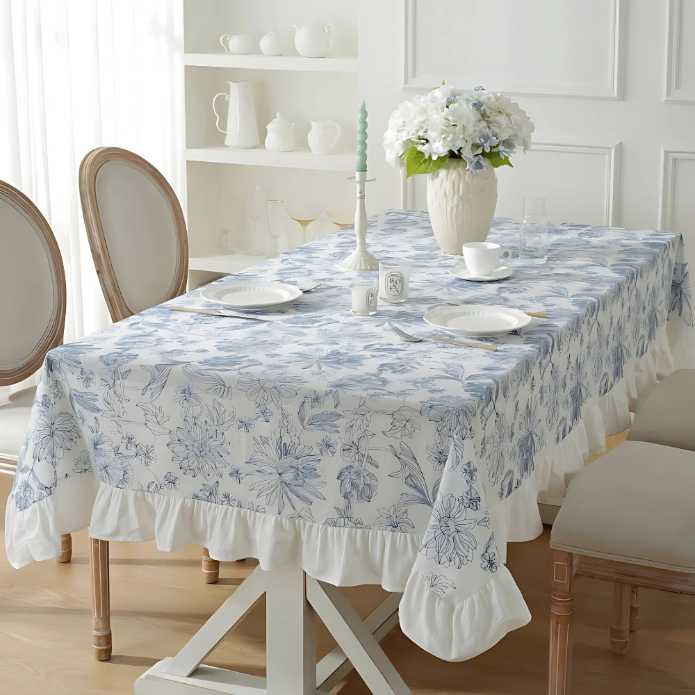 Blue Floral Embroidered Ruffle Tablecloth – image 1