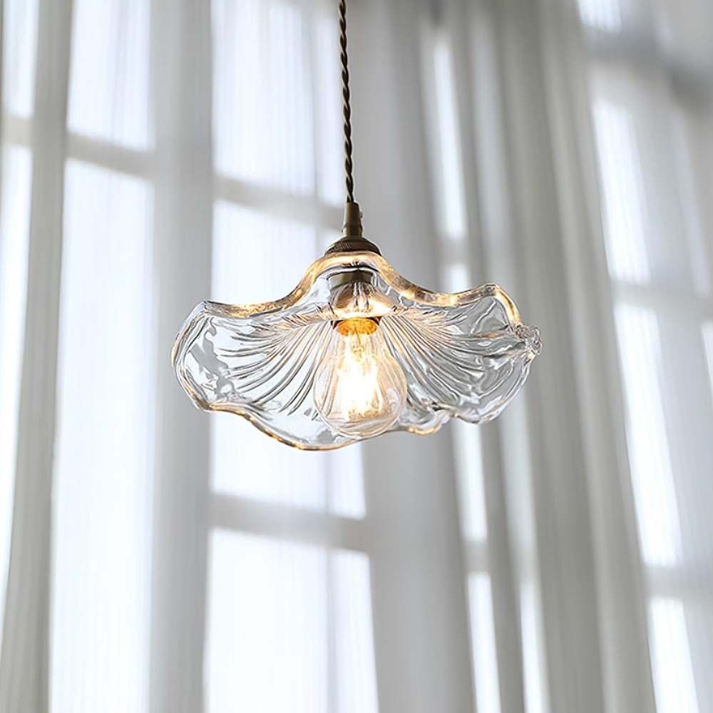 Ribbed Glass Flower Pendant Light with Copper Fittings - view 7