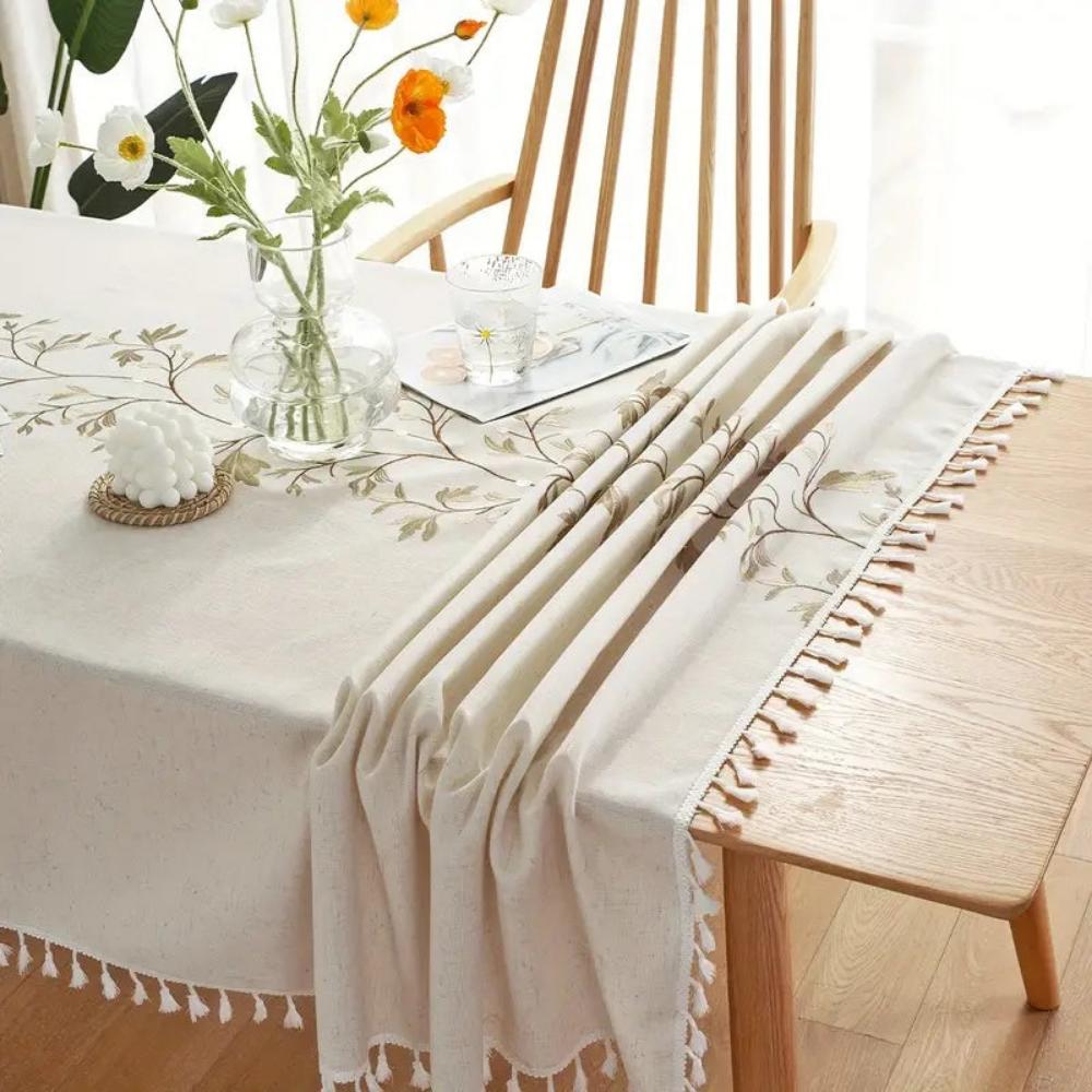 Floral Embroidered Cotton Linen Tassel Tablecloth – image 2