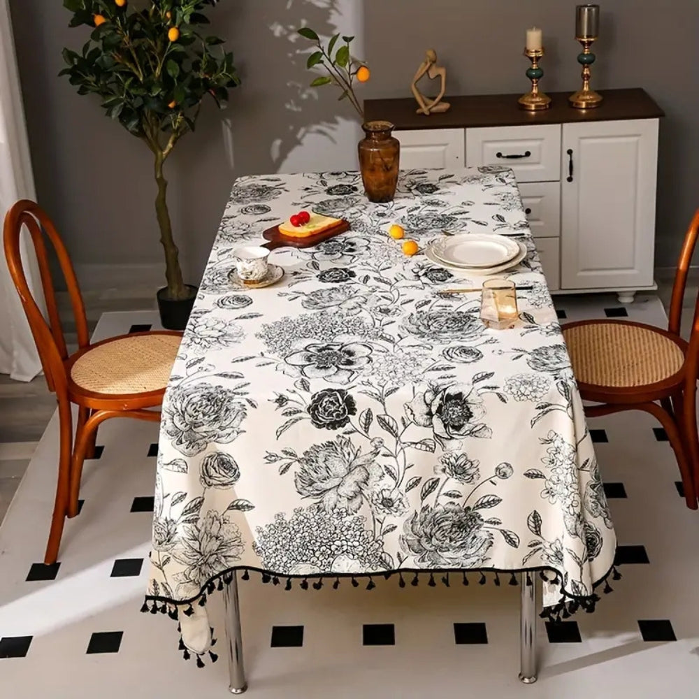 Black Floral Cotton Blend Tassel Tablecloth – image 2