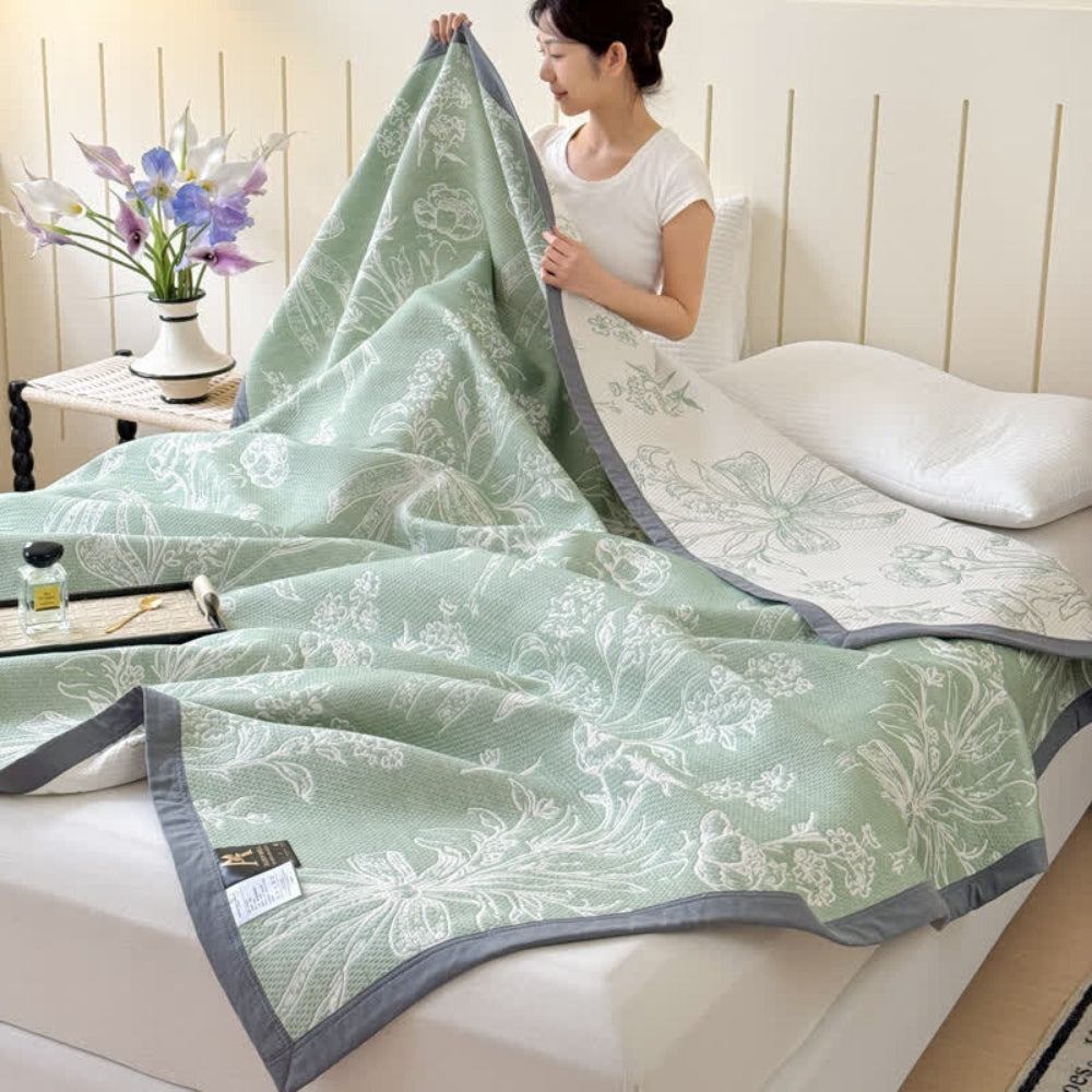 Reversible Cotton Gauze Blanket with Leaf Pattern - product view 2
