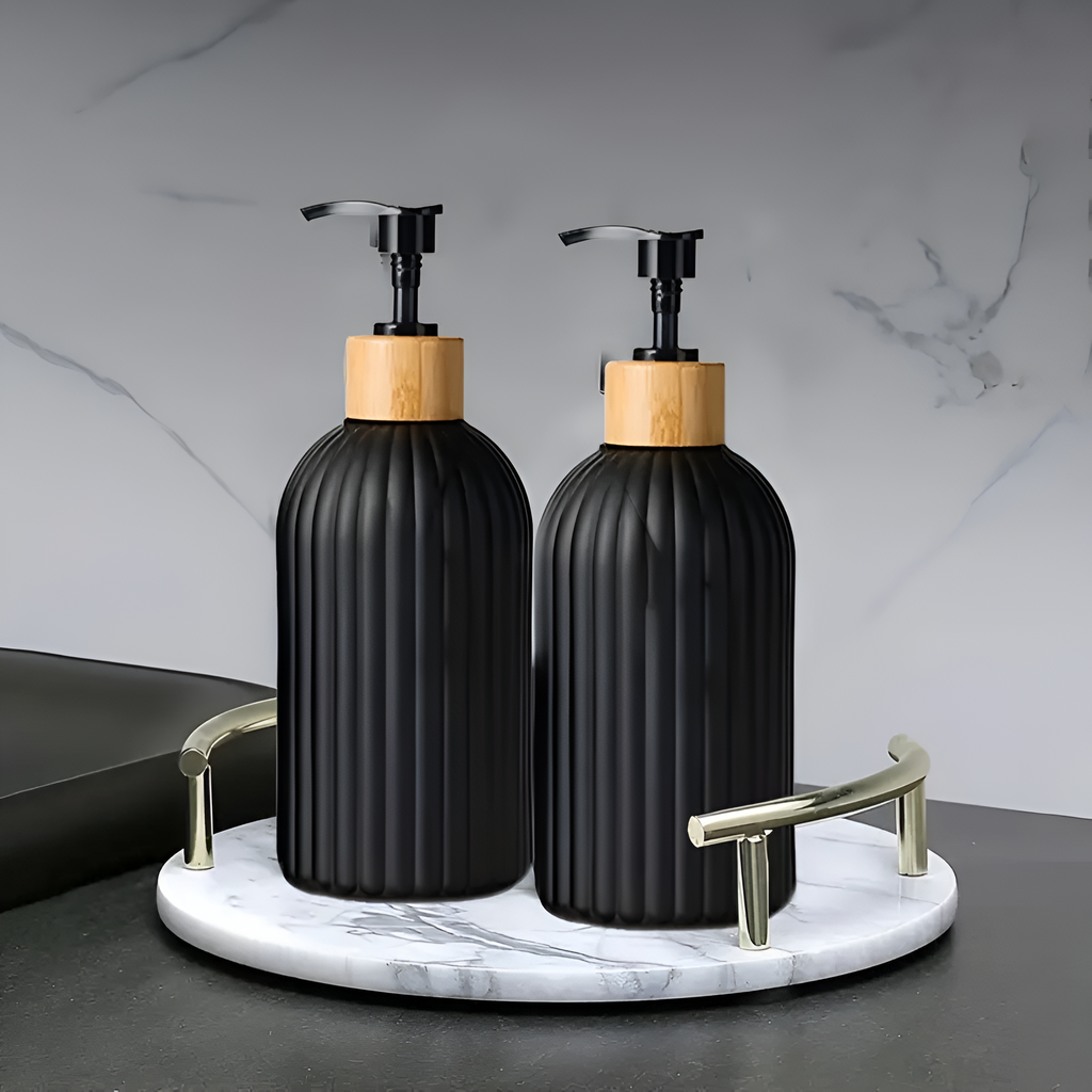 Black Ribbed Soap Dispenser with Bamboo Accent, 499.79 ml - product view 3