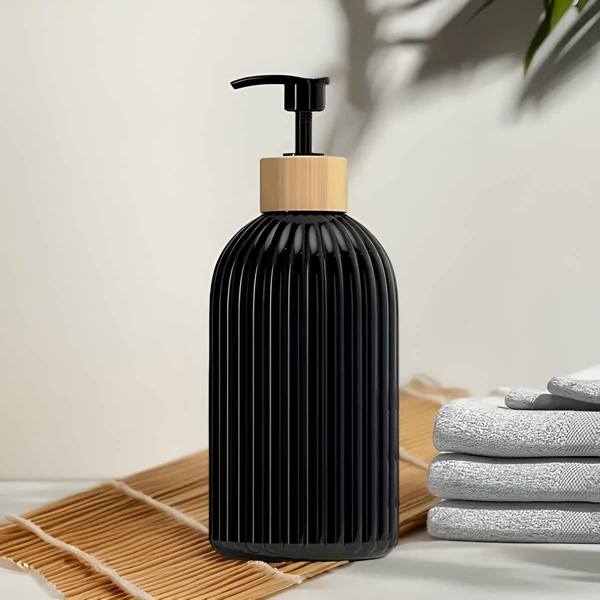 Black Ribbed Soap Dispenser with Bamboo Accent, 499.79 ml - product view 1