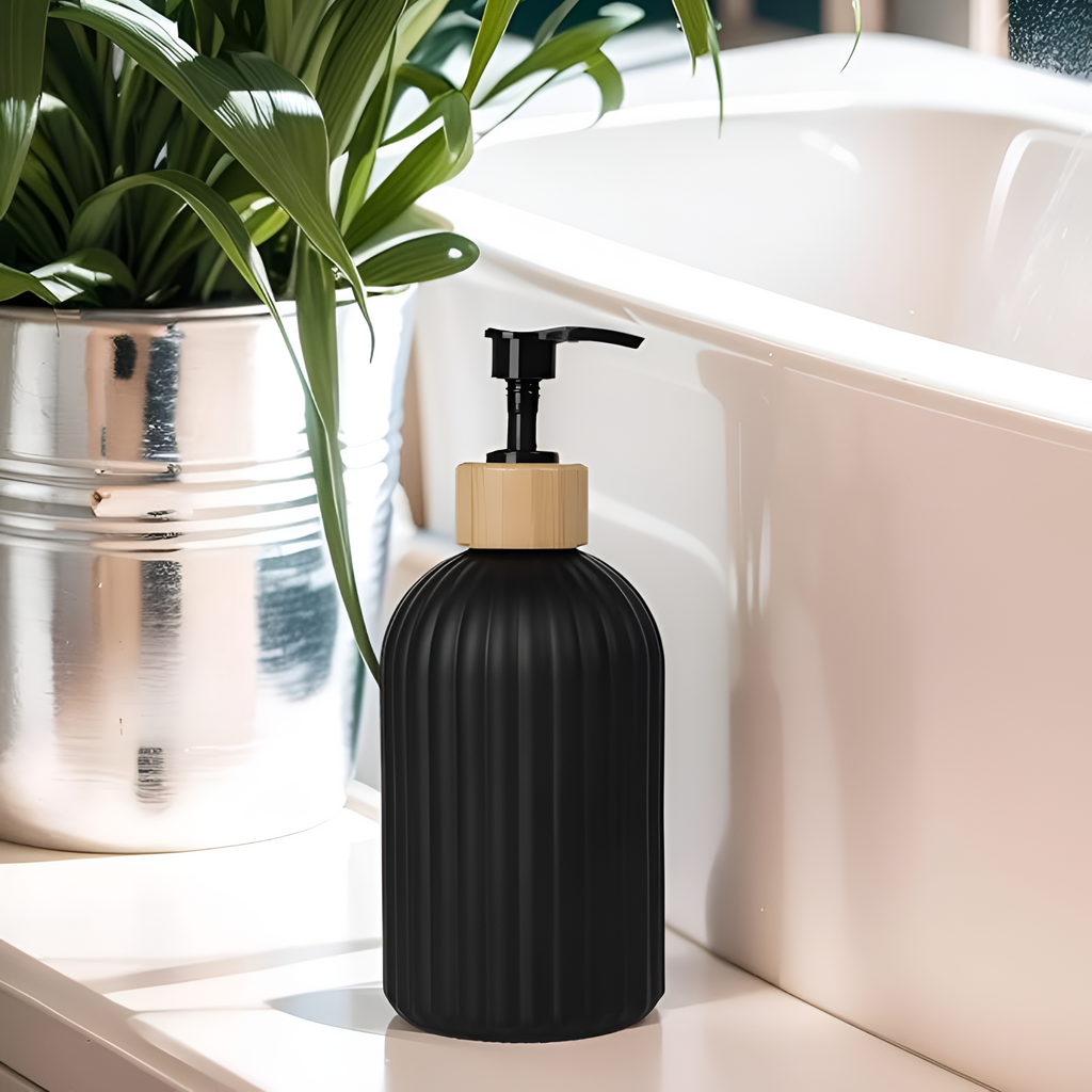 Black Ribbed Soap Dispenser with Bamboo Accent, 499.79 ml - product view 2