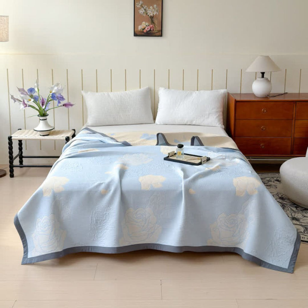 Blue Rose Cotton Blanket, Floral Bed and Sofa Throw - product view 3