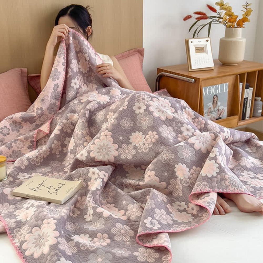 Floral Cotton Gauze Blanket, Lightweight Layer for Bed and Sofa - product view 6