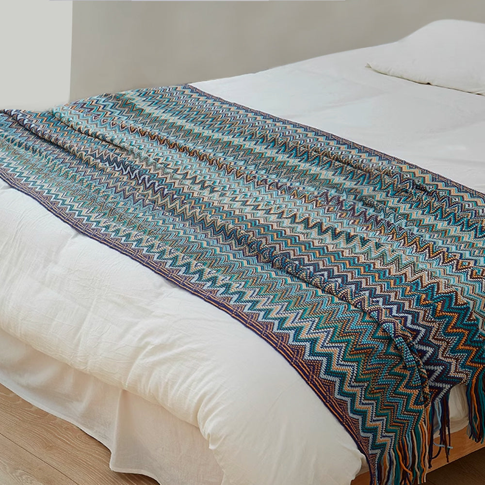 Boho Zigzag Knit Throw Blanket with Fringe, 129.54 x 218.44 cm - product view 2