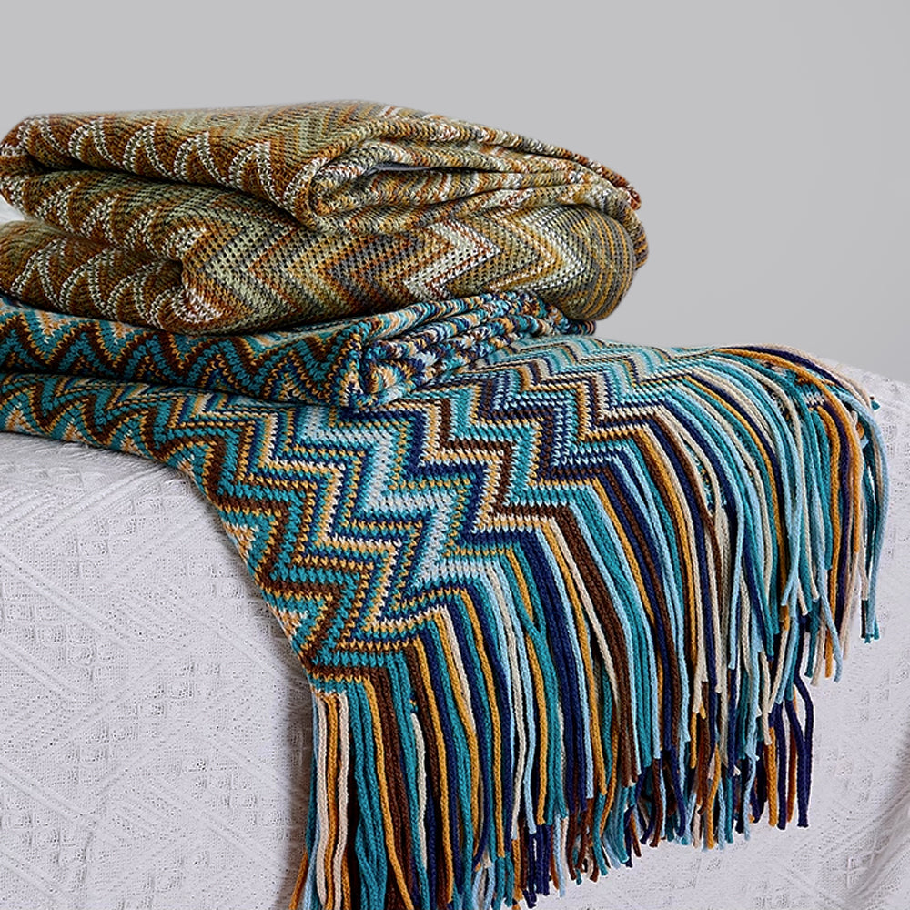 Boho Zigzag Knit Throw Blanket with Fringe, 129.54 x 218.44 cm - product view 3