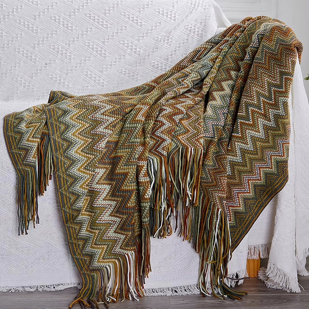 Boho Zigzag Knit Throw Blanket with Fringe, 129.54 x 218.44 cm - product view 7