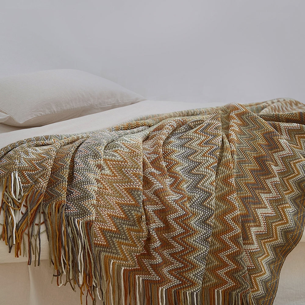 Boho Zigzag Knit Throw Blanket with Fringe, 129.54 x 218.44 cm - product view 9
