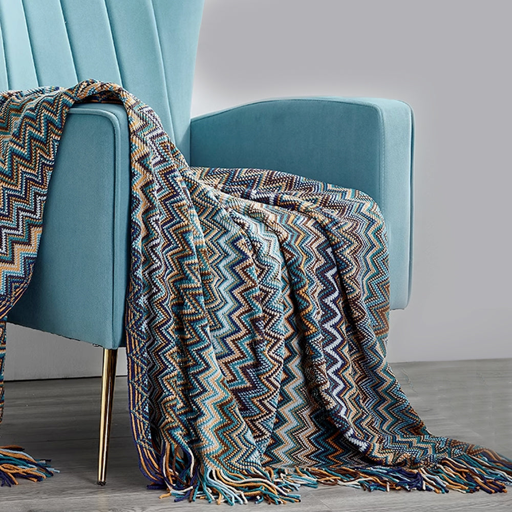 Boho Zigzag Knit Throw Blanket with Fringe, 129.54 x 218.44 cm - product view 1