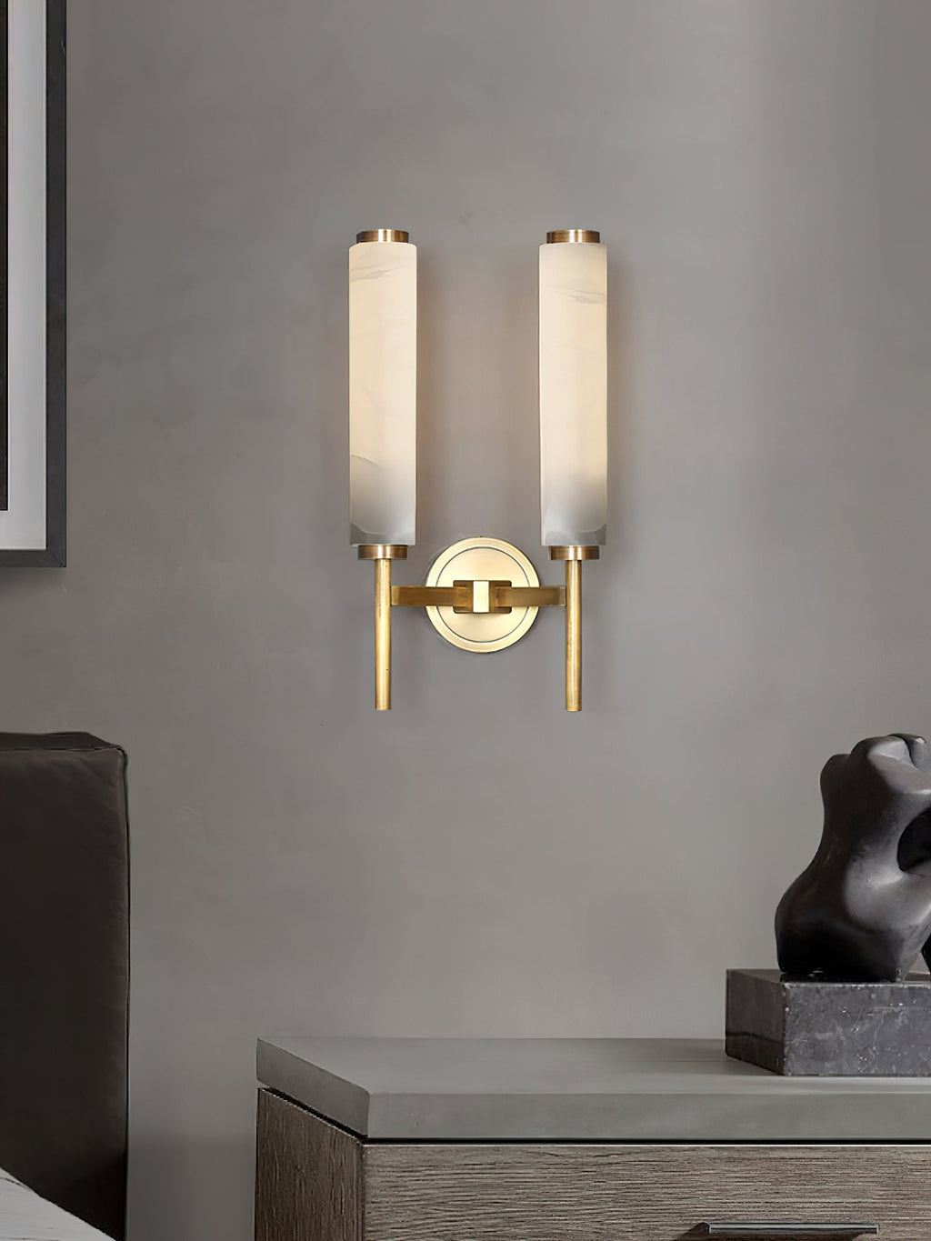 Alabaster Wall Sconce with Brass or Black Frame - view 21