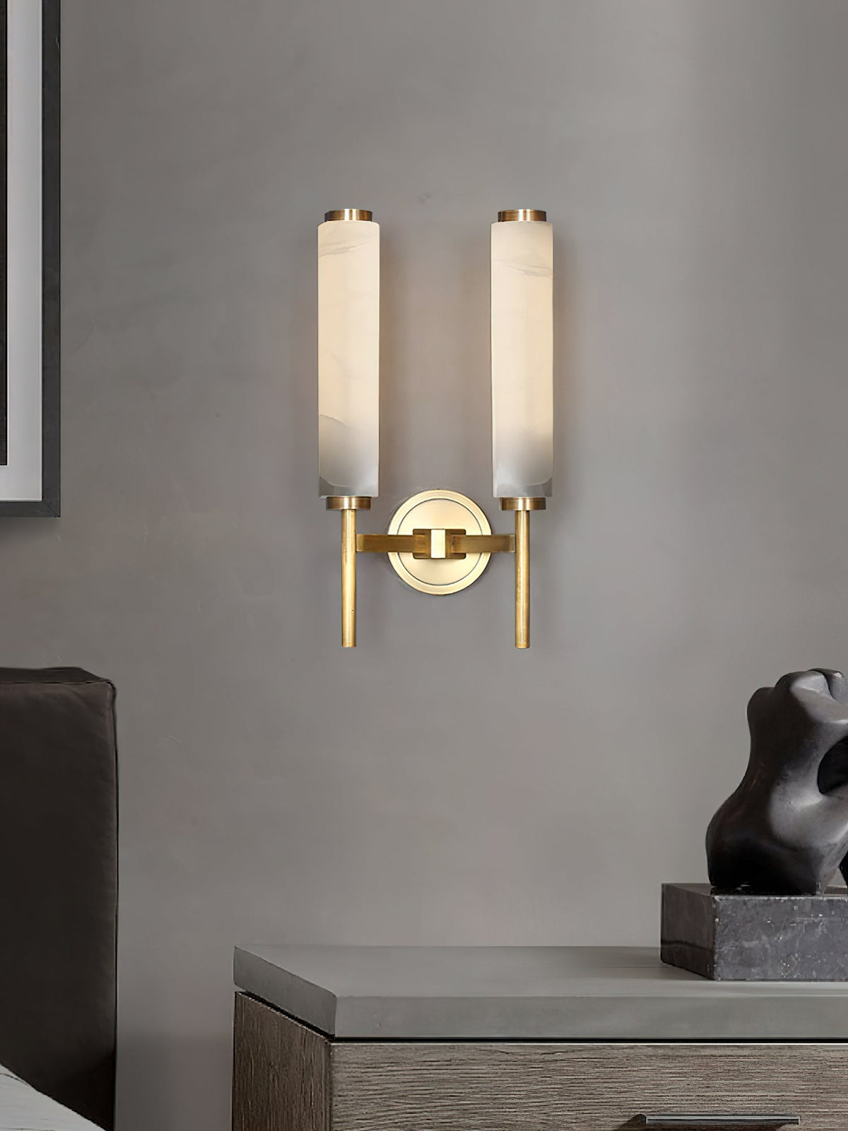 Alabaster Wall Sconce with Brass or Black Frame - view 21