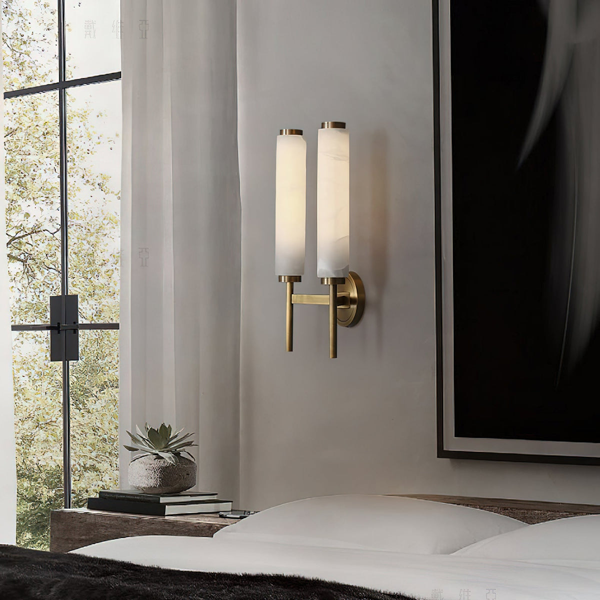 Alabaster Wall Sconce with Brass or Black Frame - view 3