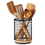 Rotating Kitchen Utensil Holder with Iron Frame and Wooden Base - product view 4