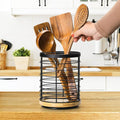 Rotating Kitchen Utensil Holder with Iron Frame and Wooden Base - product view 1