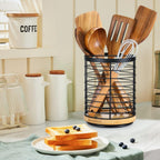 Rotating Kitchen Utensil Holder with Iron Frame and Wooden Base - product view 2