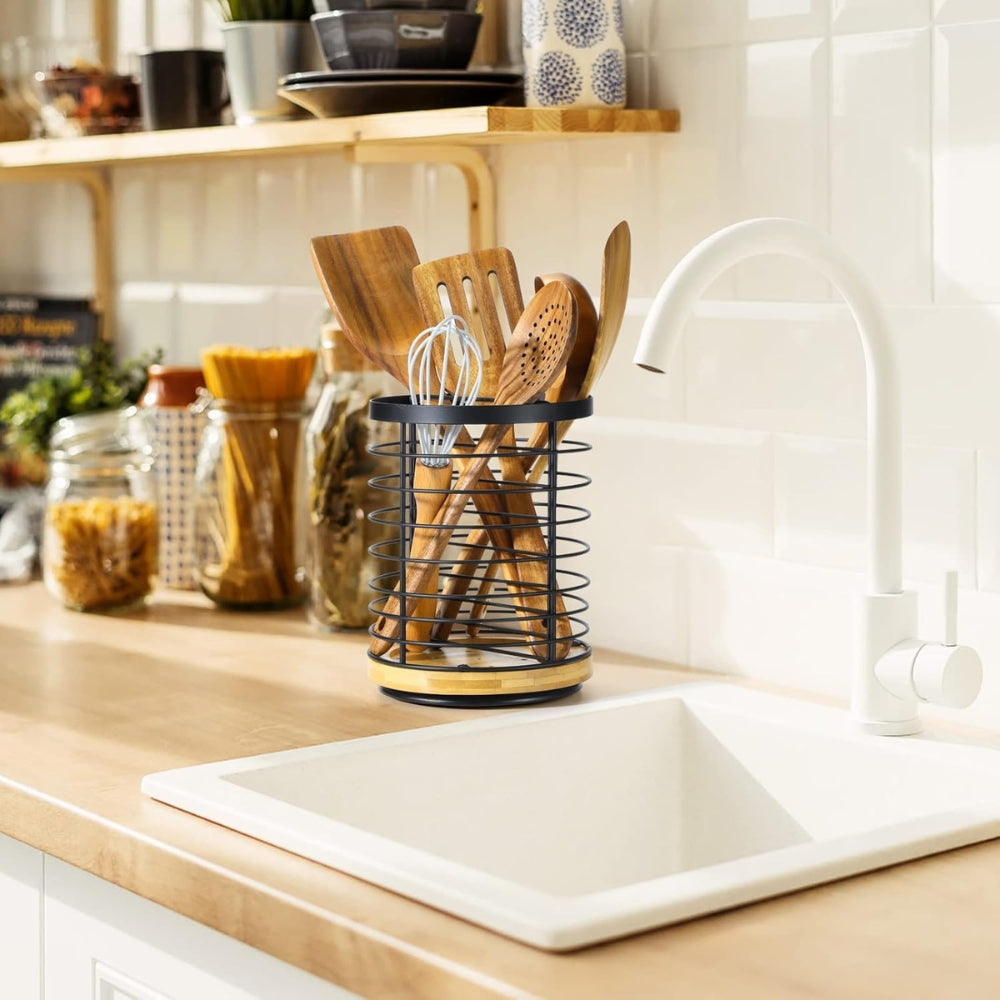 Rotating Kitchen Utensil Holder with Iron Frame and Wooden Base - product view 3
