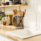 Rotating Kitchen Utensil Holder with Iron Frame and Wooden Base - product view 3