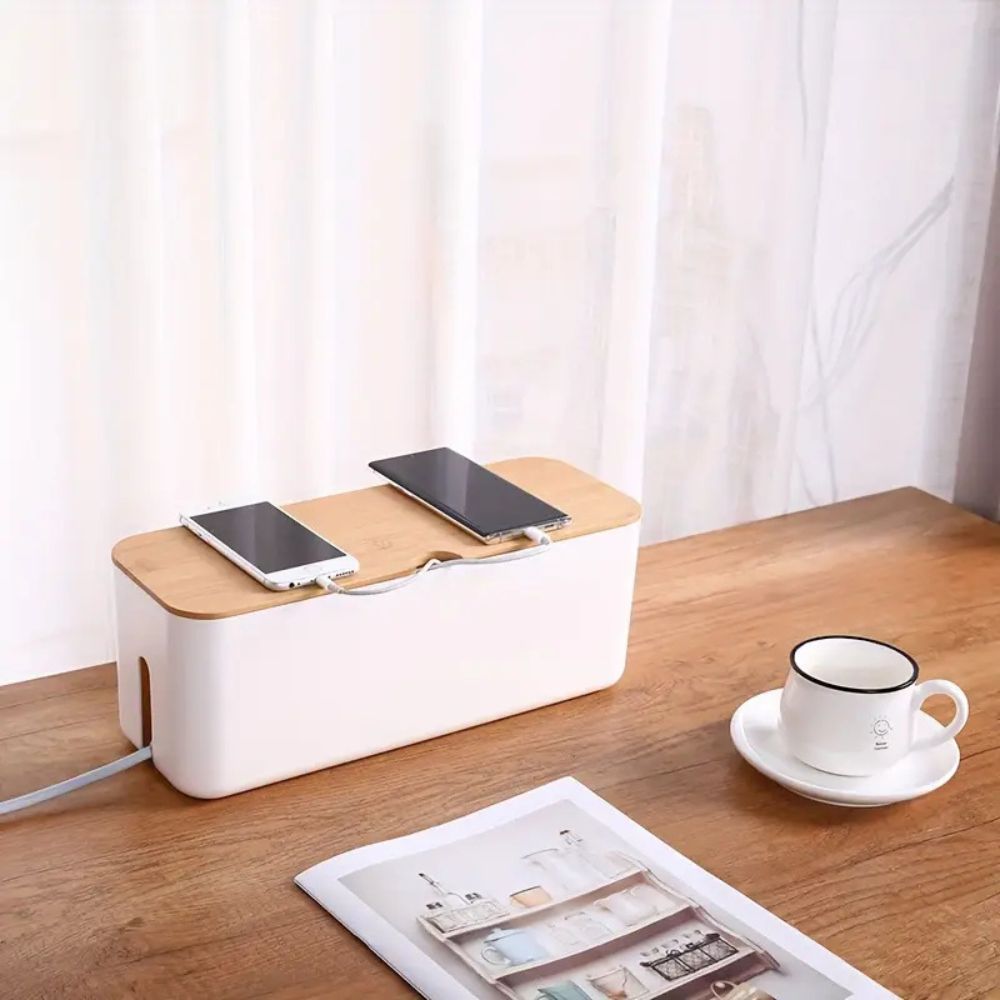 Cable Organiser Box with Bamboo Lid for Tidy Desks - product view 2