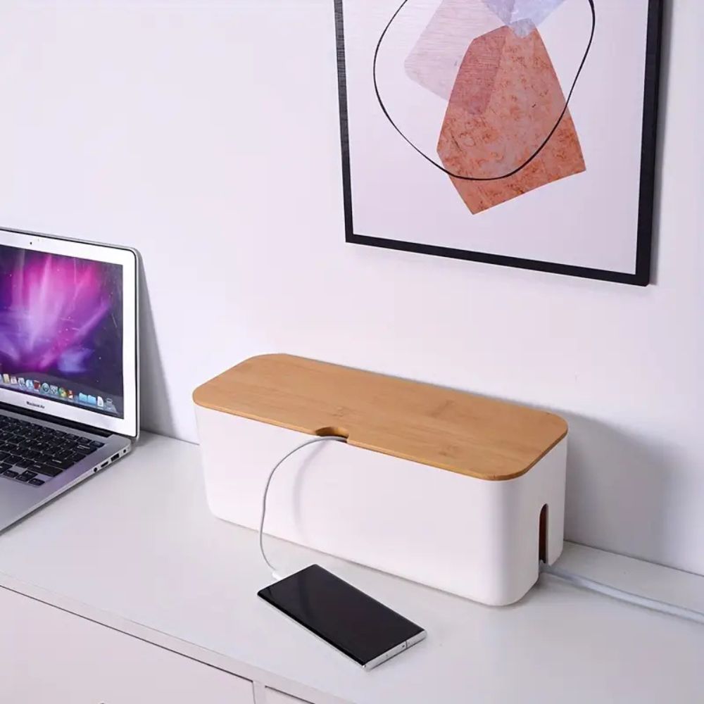 Cable Organiser Box with Bamboo Lid for Tidy Desks - product view 3