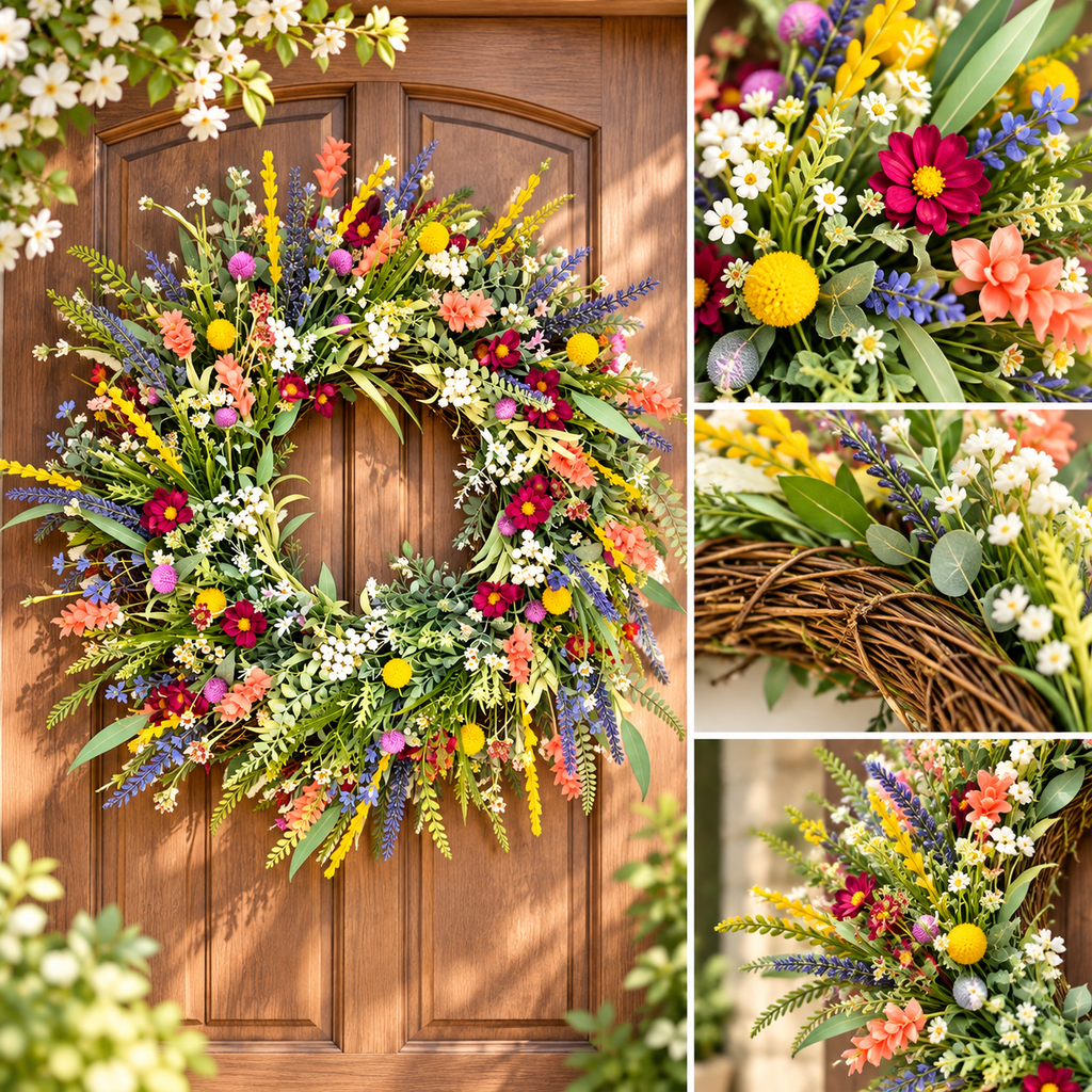 Decorative Wreath Spring Wildflower Hanging Door Decor