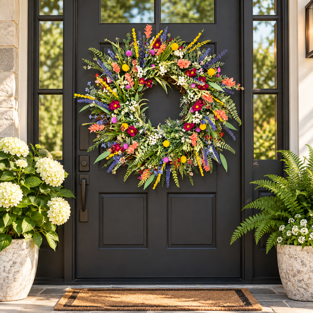 Decorative Wreath Spring Wildflower Hanging Door Decor