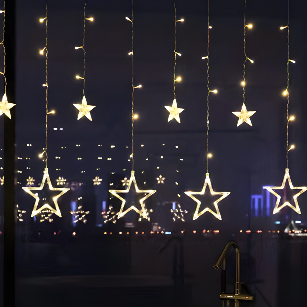 LED Star & Moon Christmas Curtain Lights, Battery-Powered Timer - Style 1 - Stars, Battery box (3 × AA)