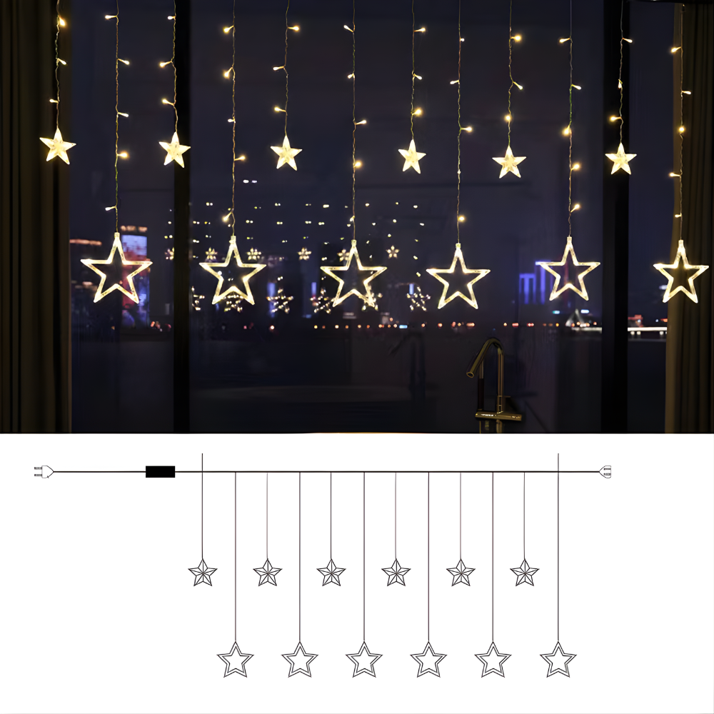 LED Star & Moon Christmas Curtain Lights, Battery-Powered Timer - product view 2