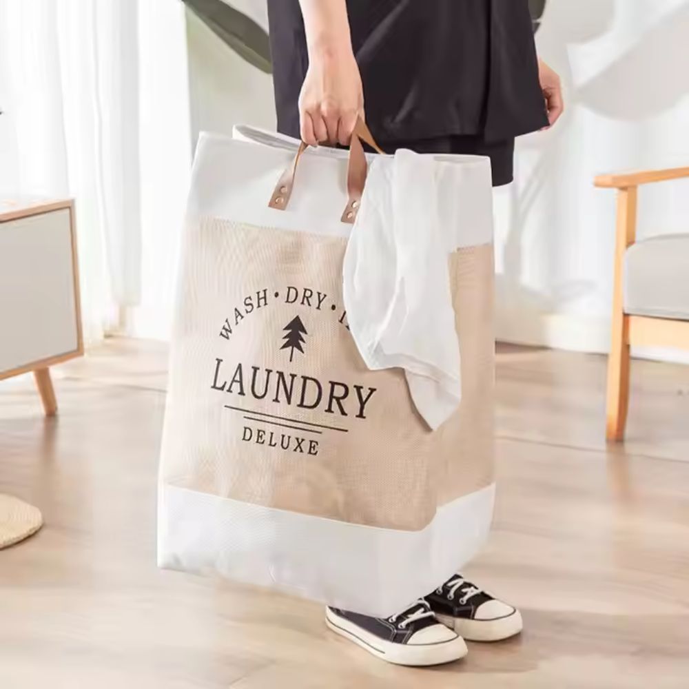 Freestanding Fabric Laundry Basket with Faux Leather Handles – image 1