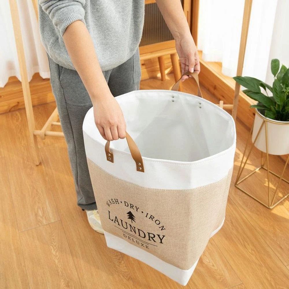 Freestanding Fabric Laundry Basket with Faux Leather Handles – image 2