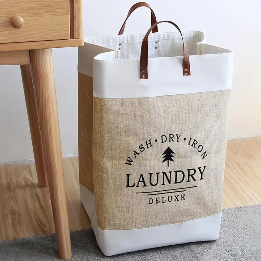 Freestanding Fabric Laundry Basket with Faux Leather Handles – image 3