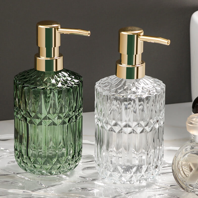 Diamond Pattern Glass Soap Dispenser, 390 mL