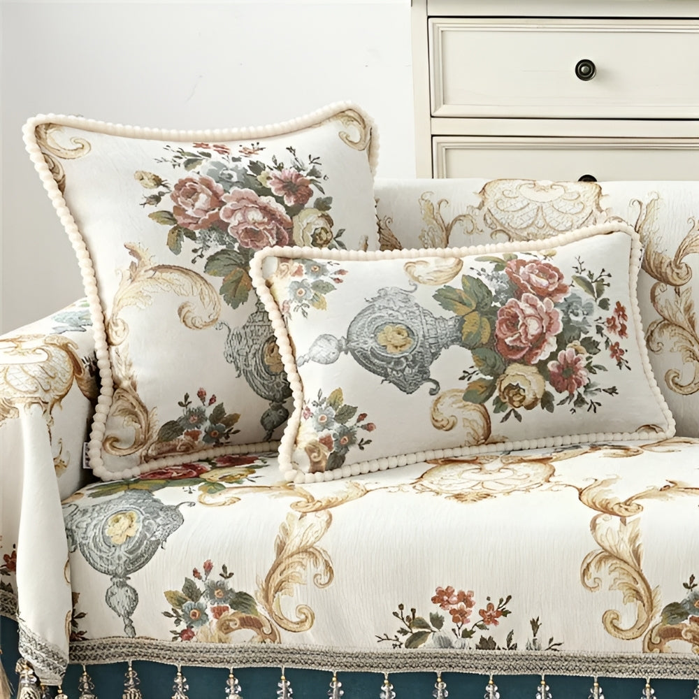 Floral Jacquard Chenille Cushion Cover with Beaded Edge – image 1