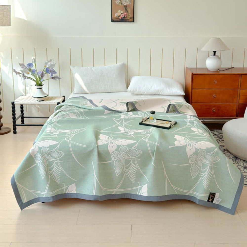Butterfly Cotton Gauze Blanket with Botanical Detail - product view 3