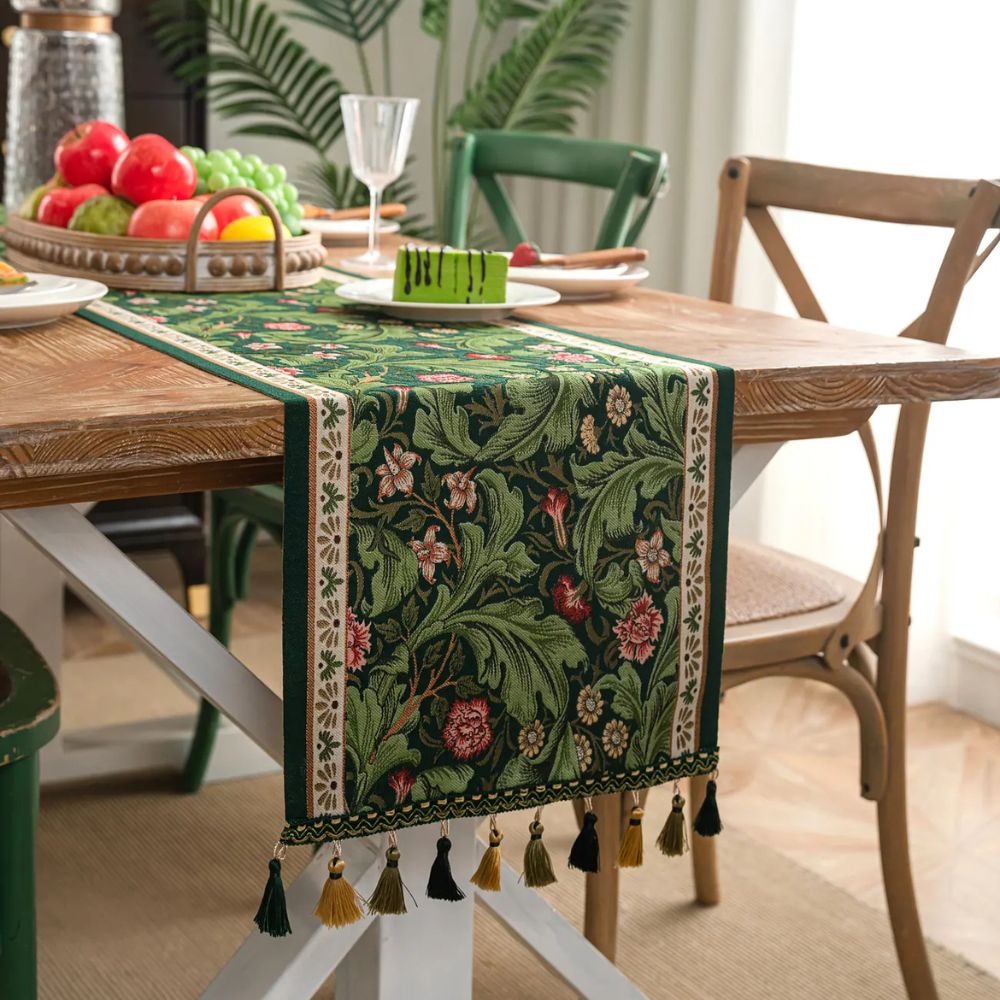 Floral Vine Embroidered Table Runner with Tassels - product view 6