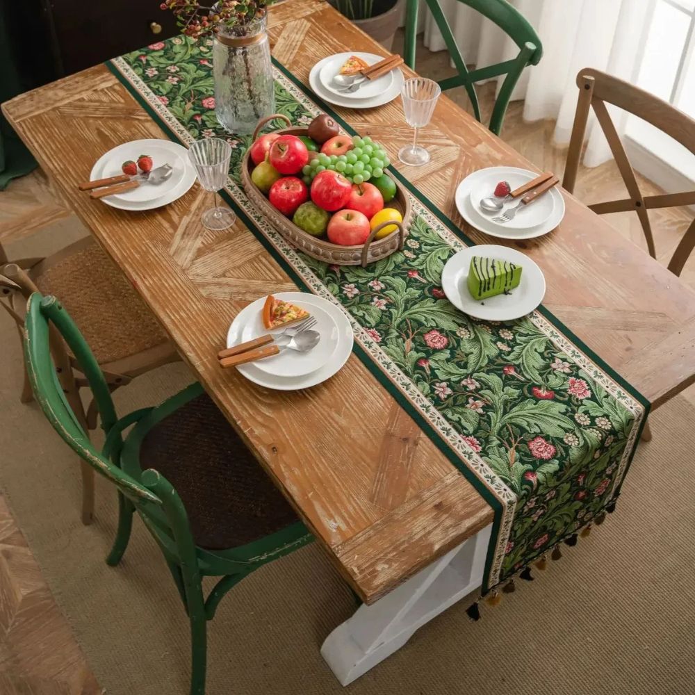 Floral Vine Embroidered Table Runner with Tassels - product view 1