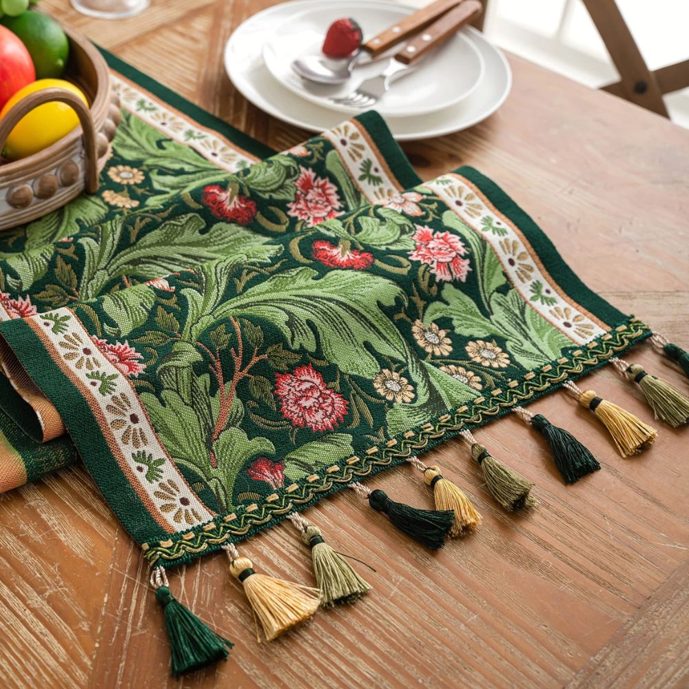 Floral Vine Embroidered Table Runner with Tassels - product view 4
