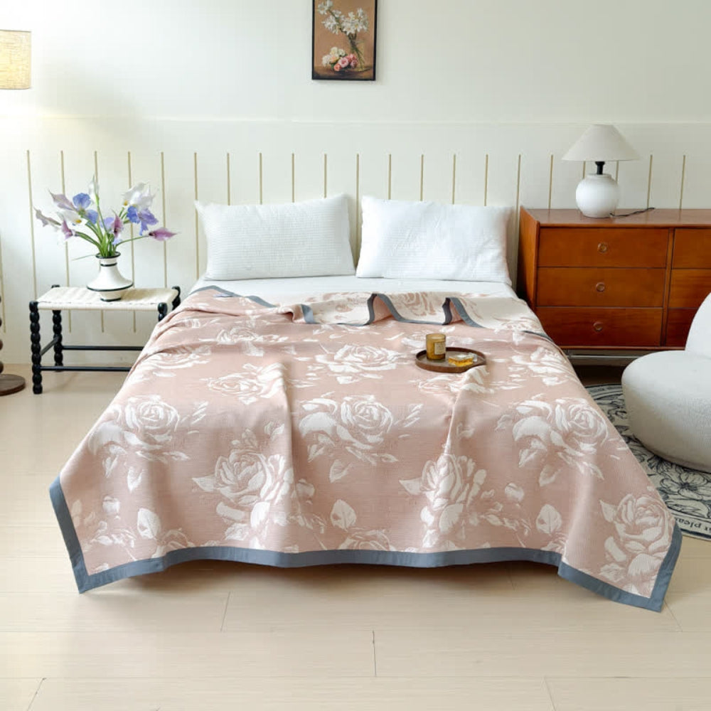 Pink Rose Cotton Blanket for Bed and Sofa - product view 3