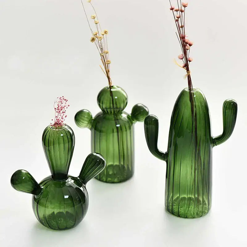Ribbed Glass Cactus Vase for Flowers and Decorative Stems - product view 3