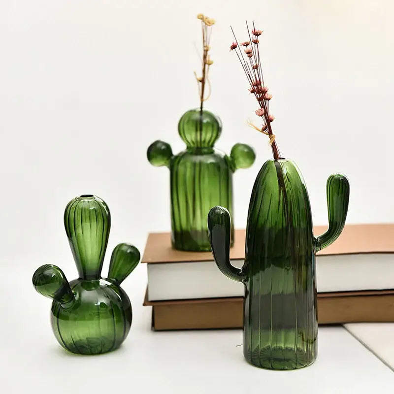 Ribbed Glass Cactus Vase for Flowers and Decorative Stems - product view 4
