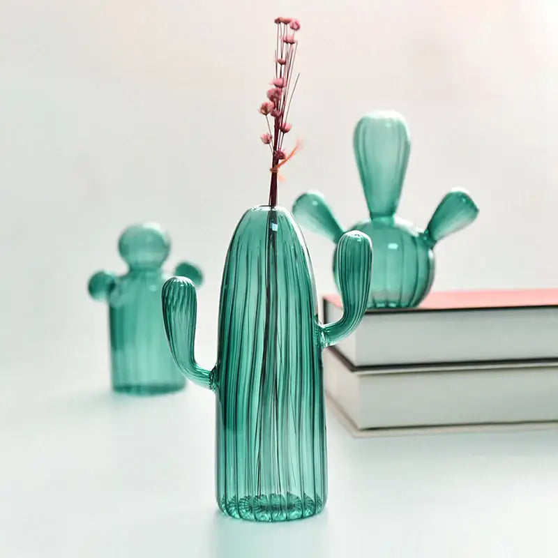Ribbed Glass Cactus Vase for Flowers and Decorative Stems - product view 5