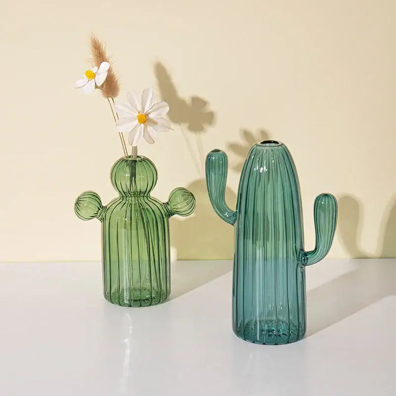 Ribbed Glass Cactus Vase for Flowers and Decorative Stems - product view 6