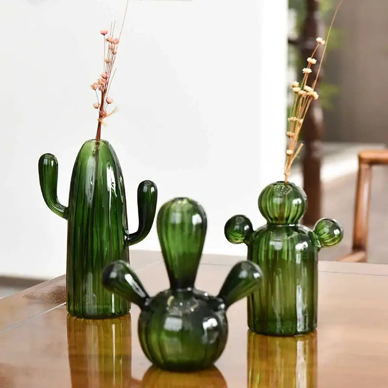 Ribbed Glass Cactus Vase for Flowers and Decorative Stems - product view 2